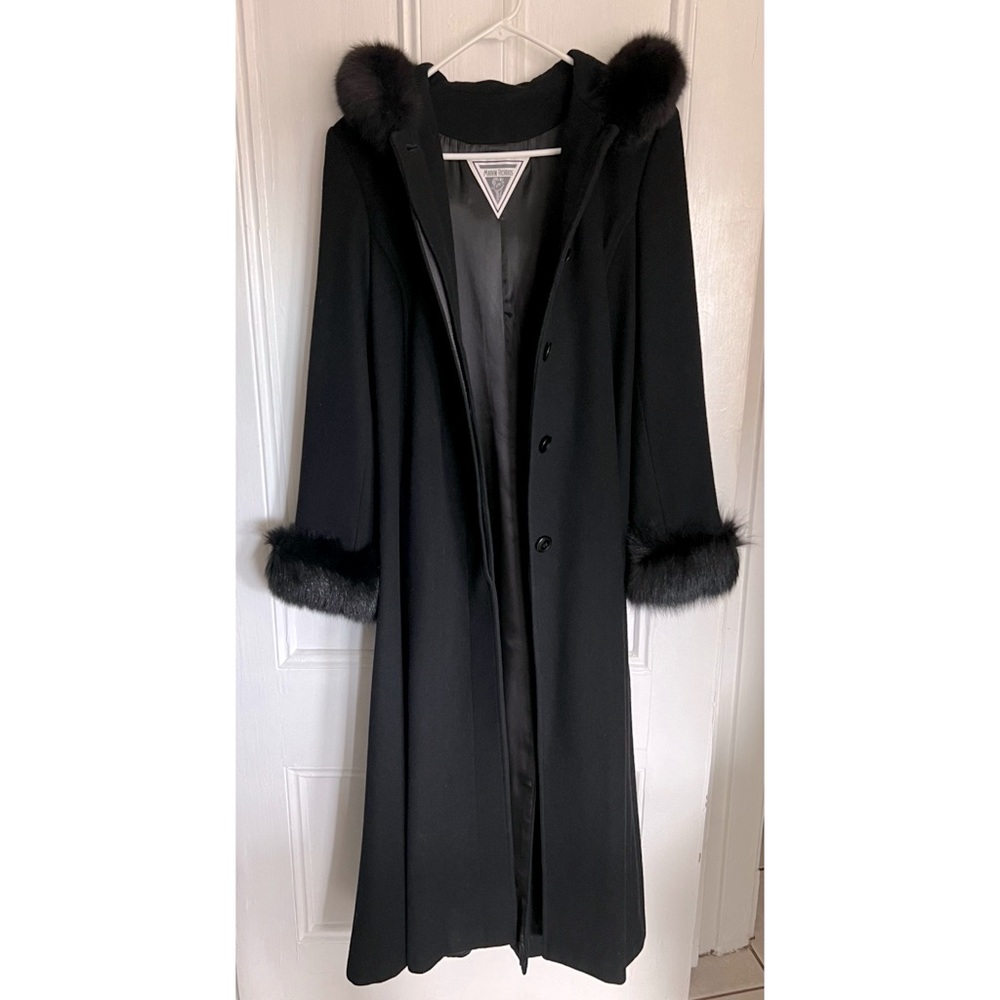 Marvin Richards Womens Black Long Sleeve Fur Trim Lambswool Coat with Hood